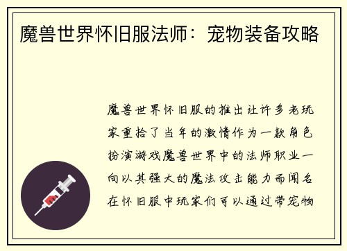 魔兽世界怀旧服法师：宠物装备攻略