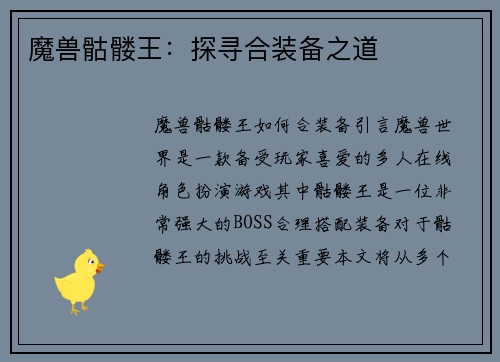 魔兽骷髅王：探寻合装备之道